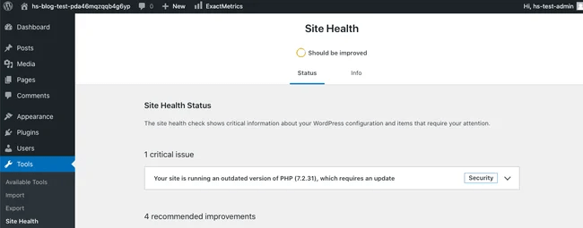 checking php version from tools>site health 