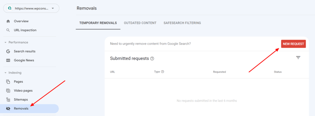 Search Console Removals section