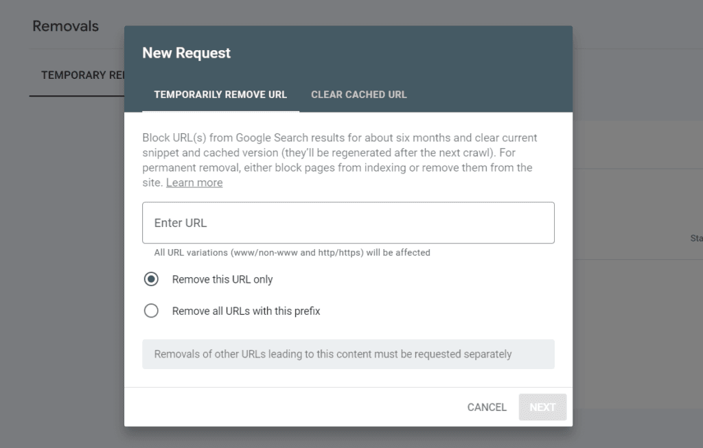 Search Console New Request popup