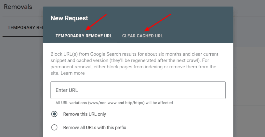 Search Console Removal Type Selection