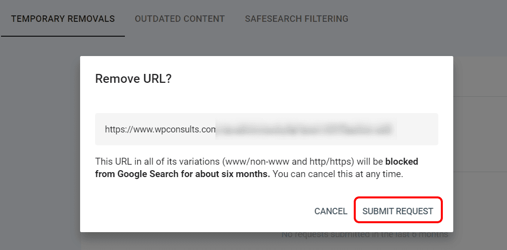 Submit Remove URL Request