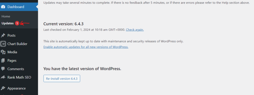 Showing how to Update wordpress from your WordPress dashboard