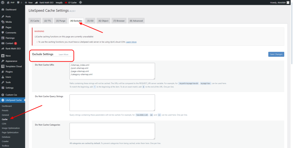 Image showing excluding sitemap URI from LightSpeed Cache plugin settings