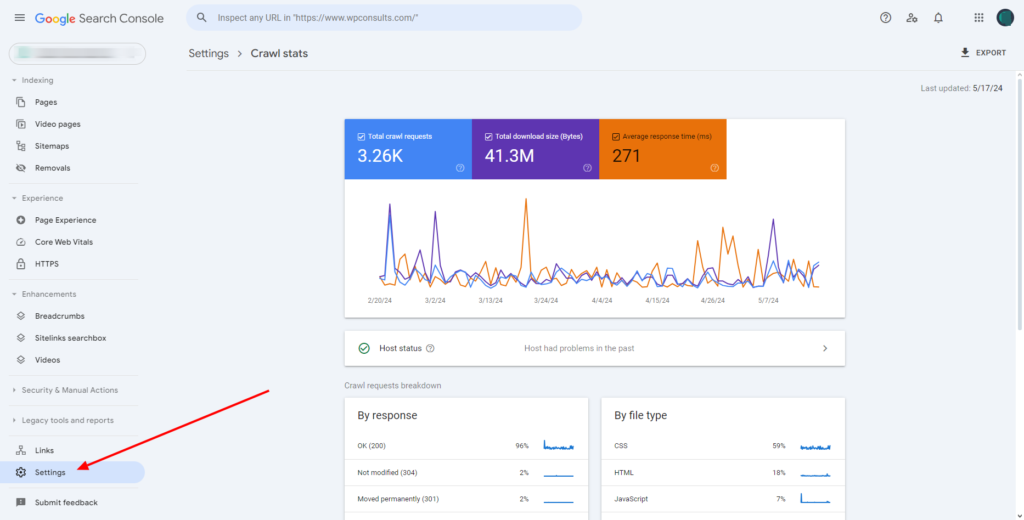 Crawl Stats page under Settings tab in search console 