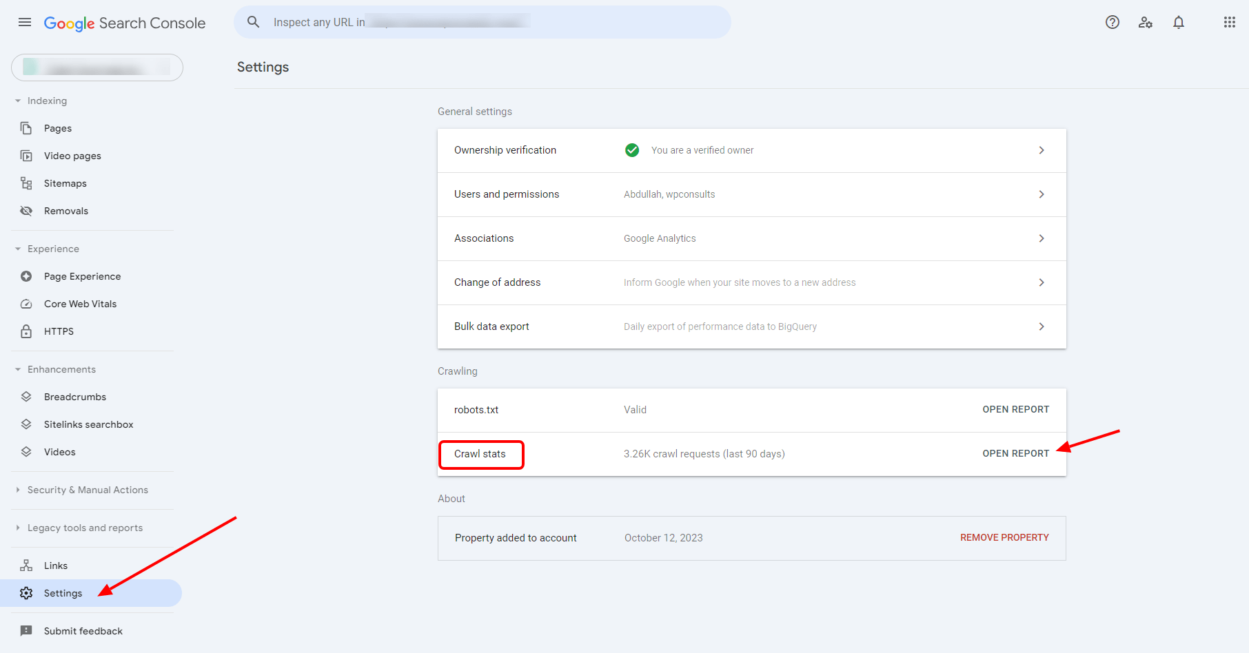 Settings Tab in GSC showing where to find Crawl Budget