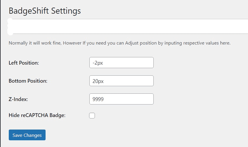 Badgeshift RECAPTCHA settings page: showing how to hide google v3 recaptcha and how to reposition it.