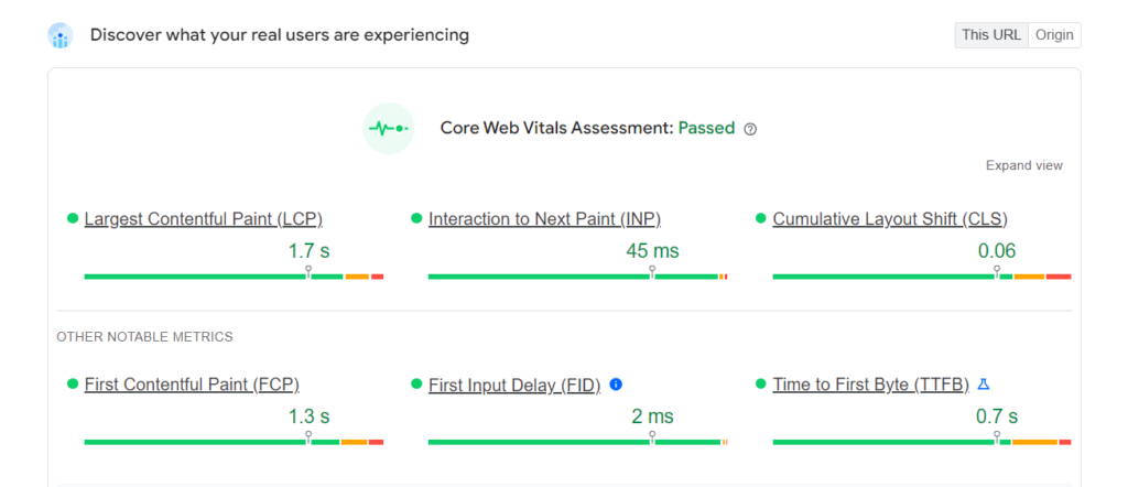 Core Web Vitals Assessment: 
Passed